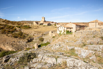 Fototapeta na wymiar a view of Caracena village and the Saint Peter Church, Tierras del Burgo, province of Soria, Castile and León, Spain