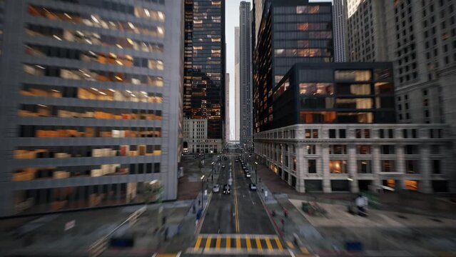 Camera is flying above the bridge between modern skyscrapers showing beautiful panorama of a 3d city. 3d animation
