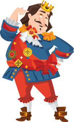 2d illustration. King. Fashion King. Old tales. Naked king. King on the terrace. Blue case. Red trousers. Crown on the head. Beautiful. Near the mirror. Happy. Nice outfit.