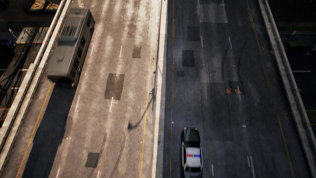 Vertical shot hyper zoom, Camera arrives from sky to the downtown freeways. 3d animation