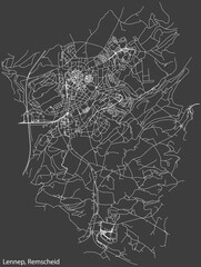 Detailed negative navigation white lines urban street roads map of the  LENNEP QUARTER of the German regional capital city of Remscheid, Germany on dark gray background