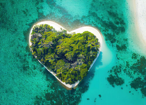 Heart shaped island in the tropics, with sandy beach and turquoise water, for romantic travel and declaration of love, illustration
