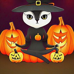 Halloween background meditation cat with hat and pumpkins