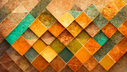 An abstract 3D geometric pattern color gradient background with rusty orange, patina green copper and yellow rectangles.