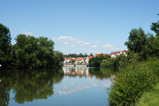 The view of the Neckar river embankment in Nuertingen, Germany	