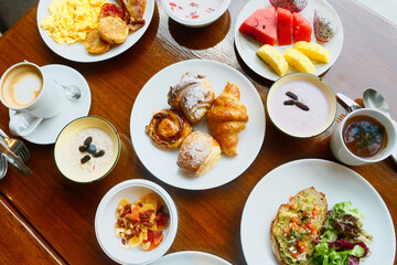Buffet hotel breakfast served with fresh food on table
