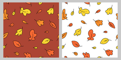 Cute autumn patterns with cartoon leaves. Light and dark seamless background with autumn leaves in warm tones in outline style. Design for sketchbook covers, notebooks and gift wrappers