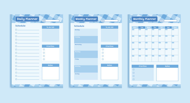 Set of minimalistic daily, weekly, and monthly planner templated with blank pages
