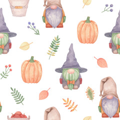 Autumn seamless pattern with cute gnomes. Illustration with fall leaves pumpkin