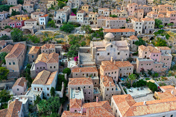 Drone aerial photo of Medieval walled Lower town of Monemvasia, Greece