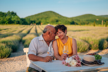 an elderly couple in love, a man and a woman in the summer on a lavender plantation, sit at a table with glasses in their hands