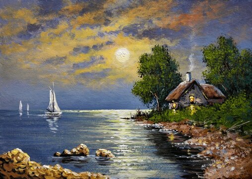 Oil paintings rural landscape, boat on the river, moon. The art, fine art
