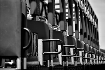 Horse racing starting gate close up in black and white