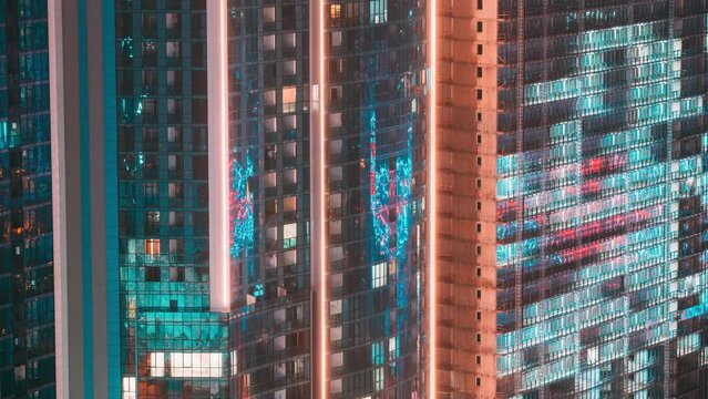 development, financial, glass, high, highrise, illumination, industry, infrastructure Street Night Illumination reflected in Skyscrapers windows. Evening Night City Traffic. Night View Scenic Of