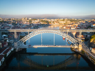 Aerial photography of Porto, Ribeira and Douro River at sunrise