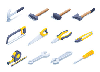 isometric vector illustration isolated on white background, hand tools icon set for builder or carpenter, quipment and gear shop