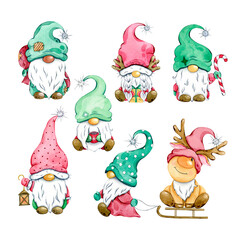 Watercolor christmas gnomes, nordic christmas motive isolated on white background, hand drawn illustration, christmas gnome cartoon.