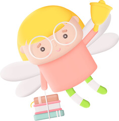 School Little Fairy with Books and Bell 3D Icon Graphic Illustration on Transparent Background