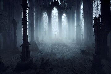 Fototapeta dark gothic abandoned ancient chapel hall interior with tall windows and columns, foggy and empty, neural network generated art. Digitally generated image. Not based on any actual scene or pattern. obraz