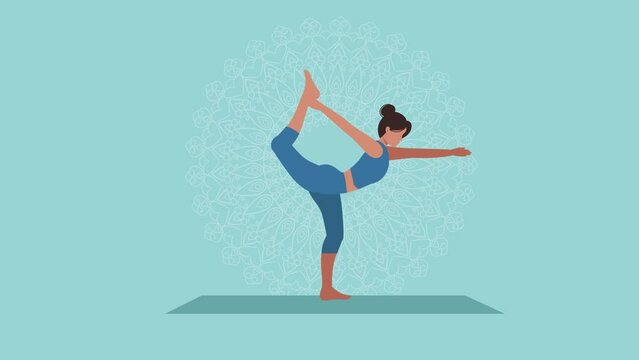 A woman in sportswear performs a standing asana. Animation of yoga asana.