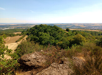 Blick vom Ettringer Bellberg in die Vulkanlandschaft der Osteifel im Landkreis Mayen-Koblenz, Rheinland-Pfalz. Aussicht vom Premium-Wanderweg Traumpfad Vulkanpfad.