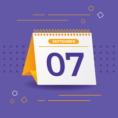 White and yellow calendar on lilac background. 7th of september. Vector. 3D illustration.