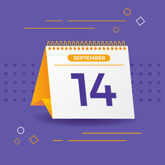 White and yellow calendar on lilac background. 14th of september. Vector. 3D illustration.