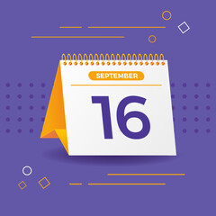 White and yellow calendar on lilac background. 16th of september. Vector. 3D illustration.