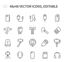 Simple vector line icons. On the topic of accessories for phones Contains such values ​​as a charger, wireless charger, headphones, protective glass, tripod, selfie stick and others.
