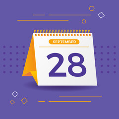 White and yellow calendar on lilac background. 28th of september. Vector. 3D illustration.