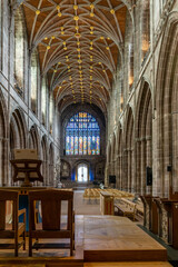 view of the altar and central nave of the historic Chester Cathedral