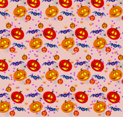 Seamless repeating pattern for Halloween. Doodle, cartoon, hand-drawn color. Design for postcards, digital paper, wallpaper, background, textiles, fabric, poster.
