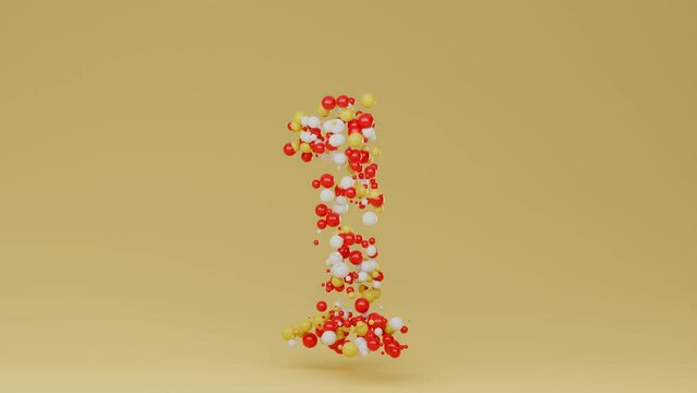 Video loop infinita render 3d de numero uno hecho con esferas rotando 360 grados