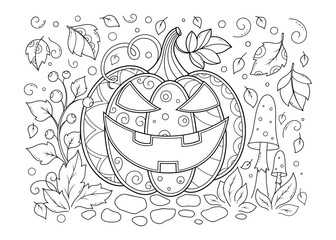Halloween decoration - scary pumpkin with eyes and mouth. Coloring antistress for adults and children. Doodle ornament in black and white. Hand draw vector illustration.