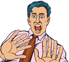 Young businessman shocked, scared, worried. hand drawn style  design illustration, transparent background.