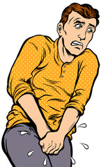 man having pain to urinate. hand drawn style  design illustration, transparent background.