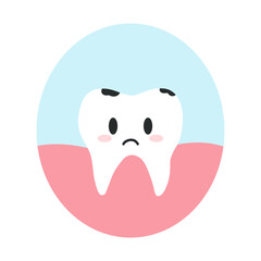 Sick tooth with caries in cartoon flat style. Vector illustration of disgruntled unhealthy teeth character, dental care concept, oral hygiene