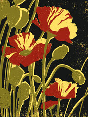 Vector illustration of red poppies flowers. Linocut of poppies on a black background.