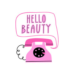 retro phone with hello beauty hand drawn in flat style. Vector illustration