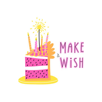 a piece of birthday cake with candles. make a wish. Vector illustration