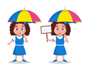 Girl under an umbrella with a sign in her hand. vector illustration