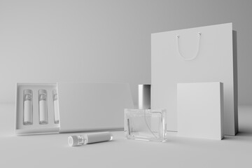 3D rendering of a box mockup with fragrance samples, perfume pouch and packaging with space for design