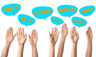 Many raised hands and speech bubbles with words HELLO in different languages on white background