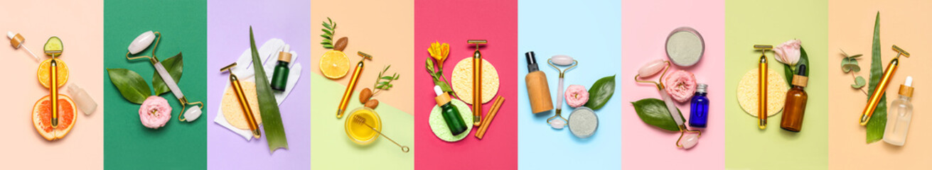 Naklejka premium Collage with facial massage tools, cosmetics and natural ingredients on color background, top view