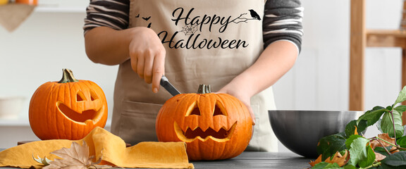 Greeting card for Happy Halloween celebration with woman and carved pumpkins