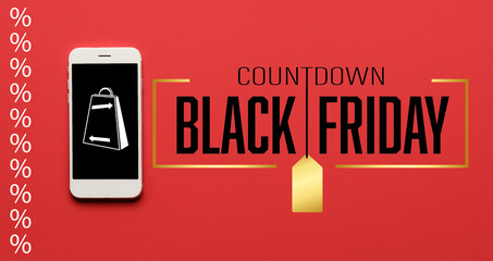 Naklejka premium Mobile phone and text BLACK FRIDAY COUNTDOWN on red background