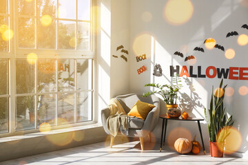 Stylish interior of light room decorated for Halloween party