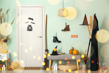 Interior of stylish hallway with creative decorations for Halloween