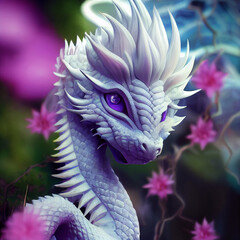 White dragon's head by mytical coloful haze and vines with big flowers, and glowing eyes, ai generated illustration