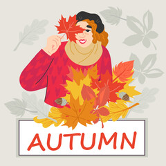 Autumn banner or poster template with woman in autumn mood flat vector illustration.